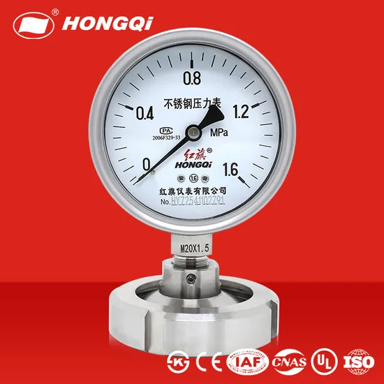 Diametro 100 mm, tutto in acciaio inossidabile, connettore ad angolo retto, guarnizione a membrana, manometro, prodotto da Hongqi Instrument, Zhejiang, Cina